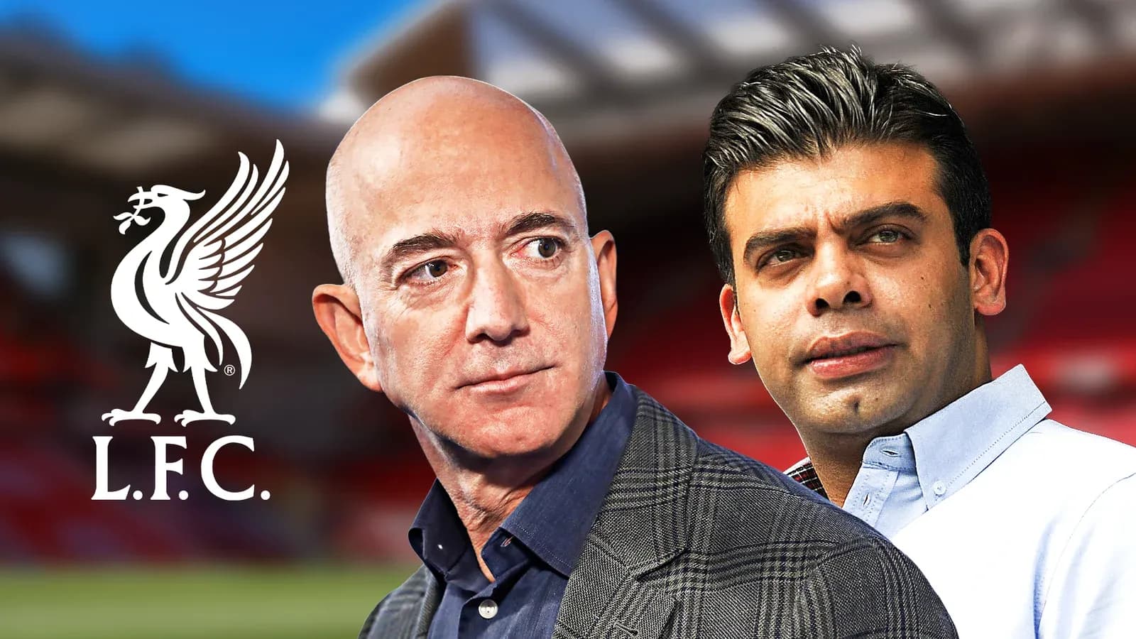 Two men in front of Liverpool FC logo
