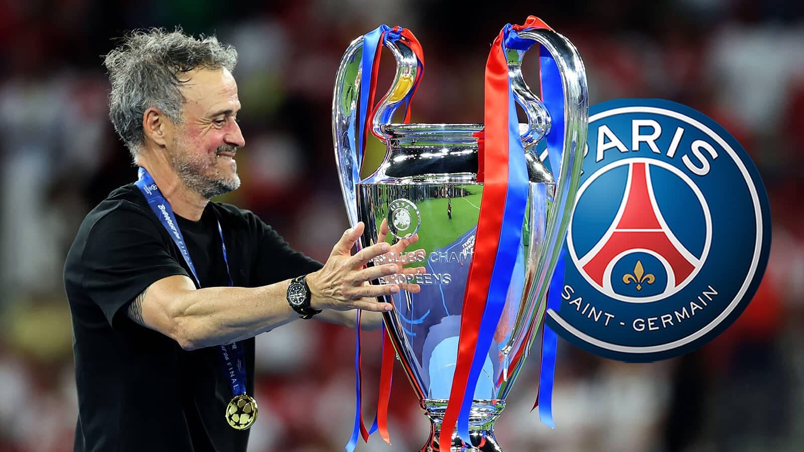 Coach holding UEFA Champions League trophy with PSG logo