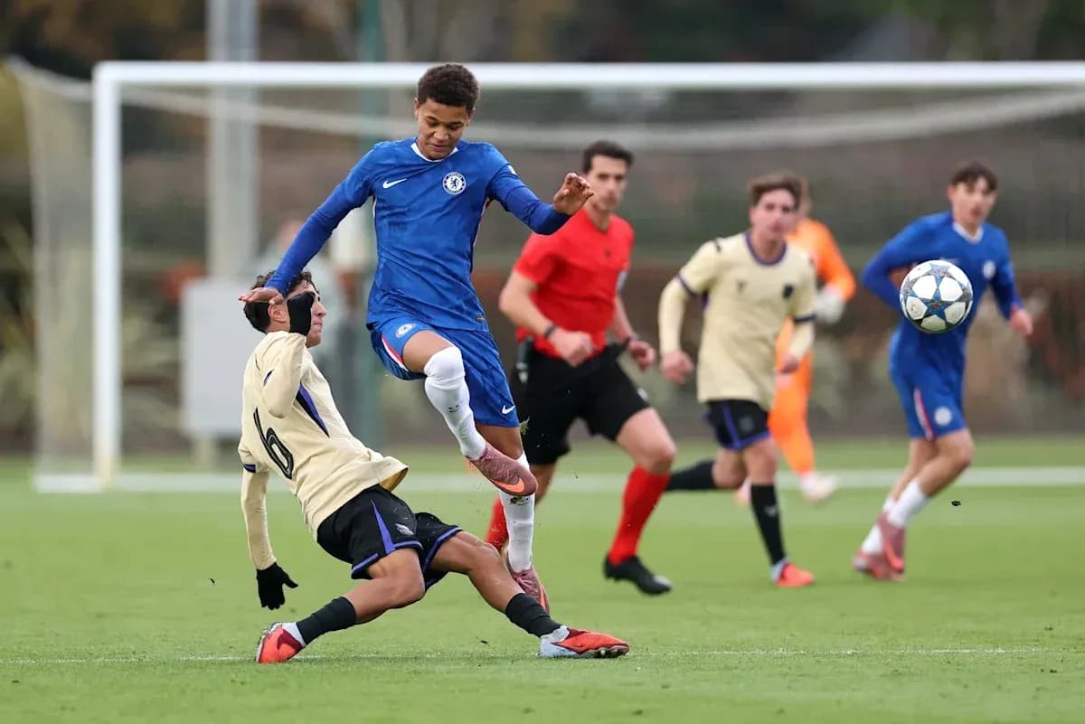 Player in blue jumping over opponent during match