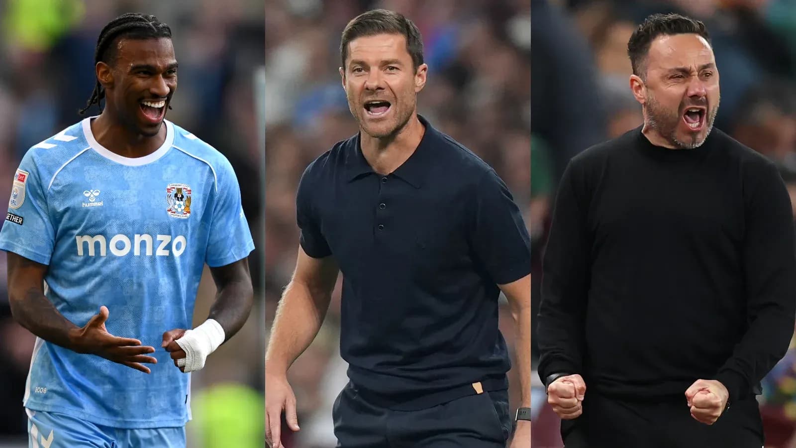 Coventry City player and two coaches on sidelines