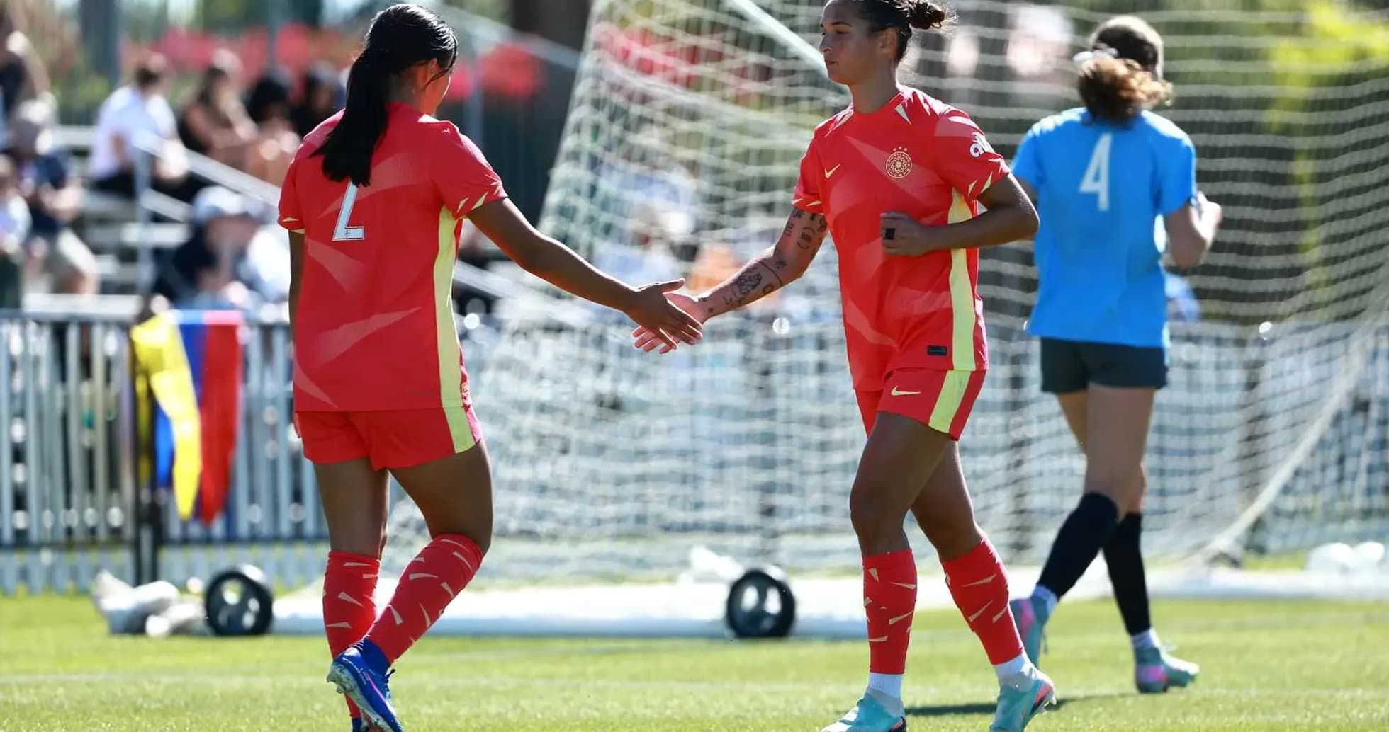 Two players shaking hands on the pitch