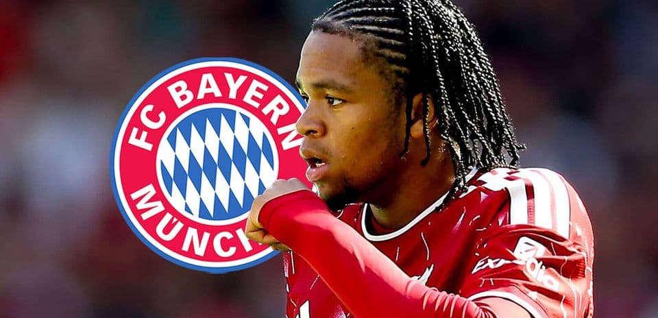 Player celebrating with Bayern Munich logo in background