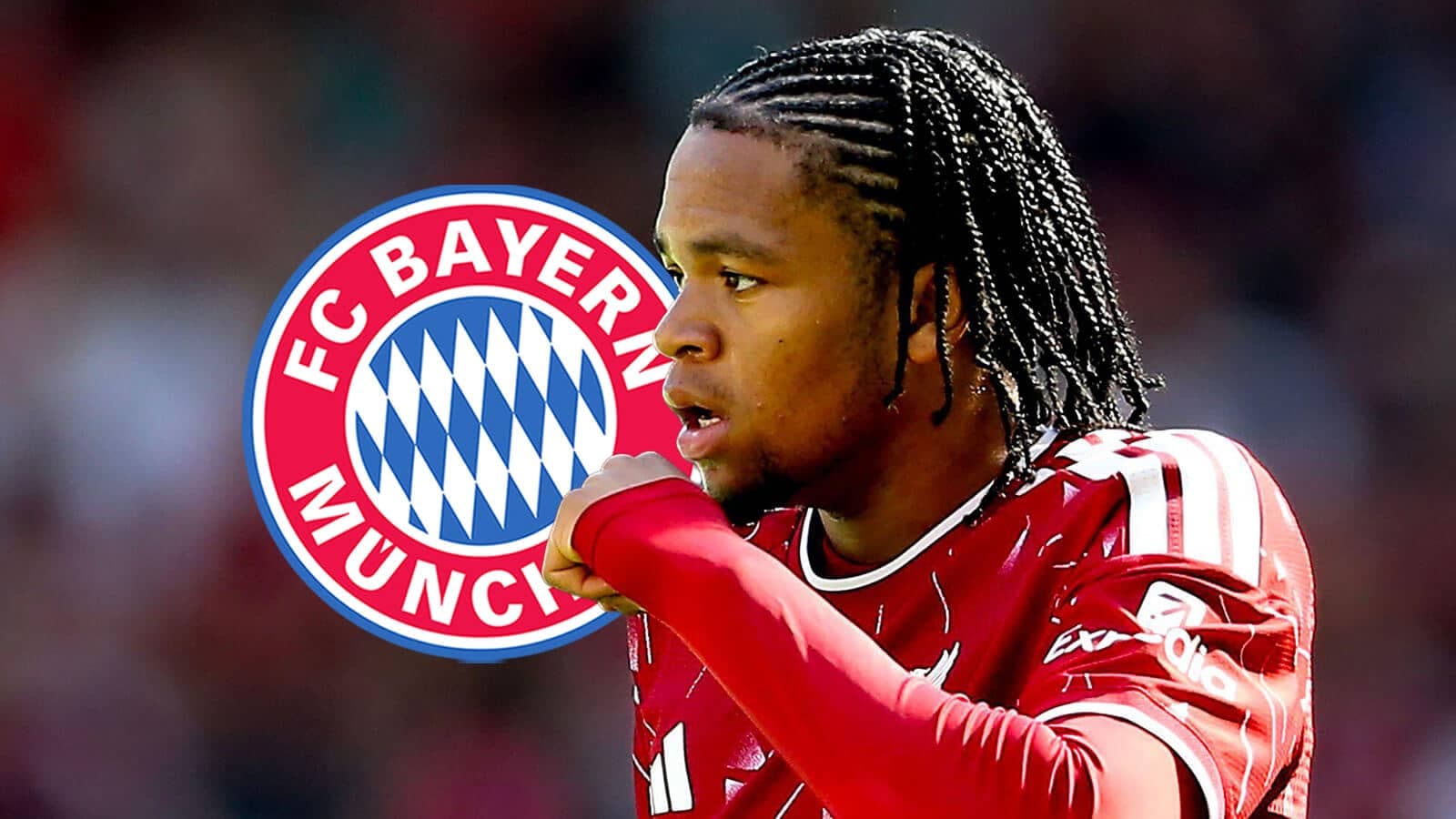 Player celebrating with Bayern Munich logo in background