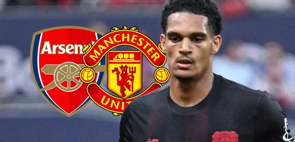 Player in black jersey with Arsenal and Manchester United logos