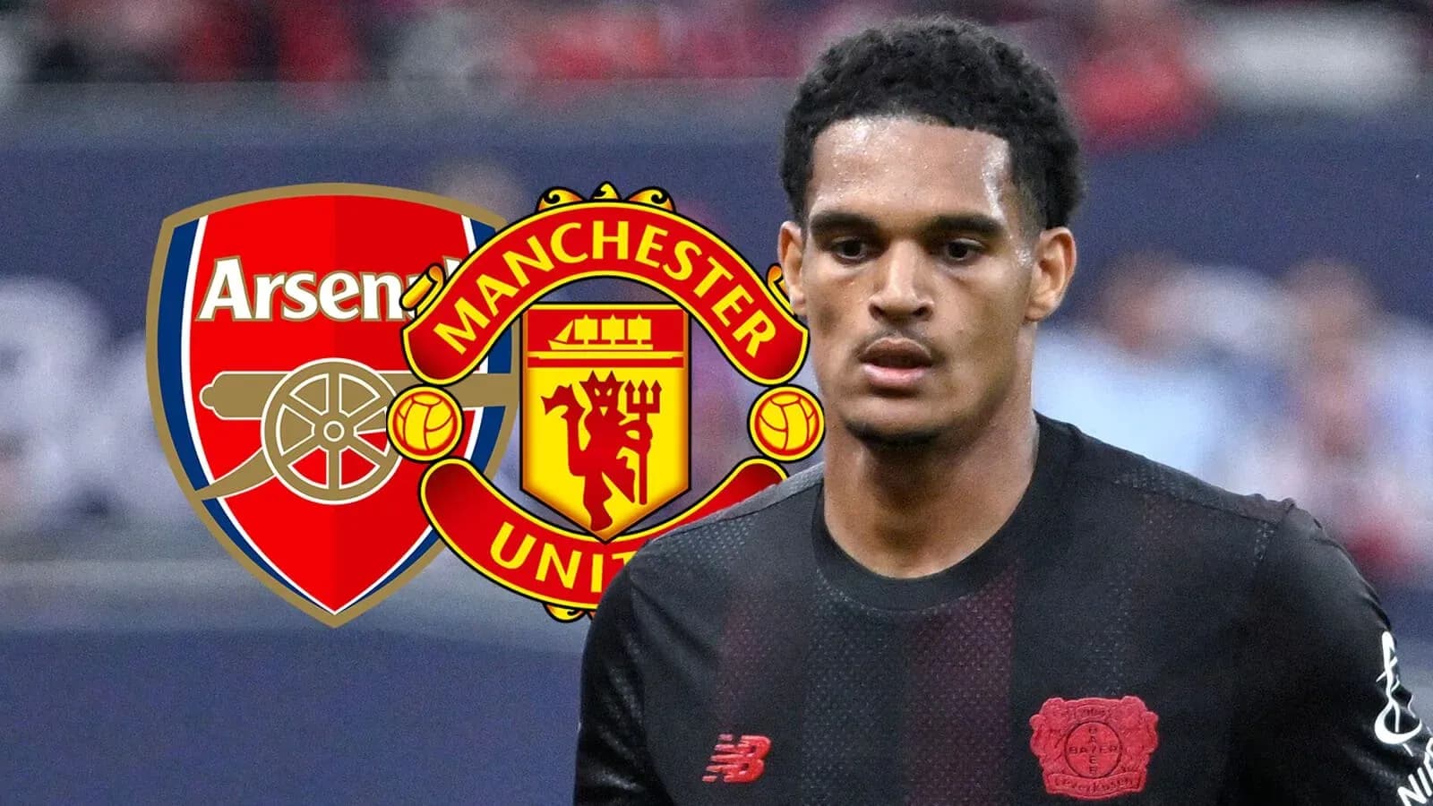 Player in black jersey with Arsenal and Manchester United logos