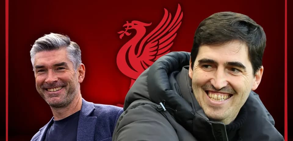 Two football coaches smiling with Liverpool logo background