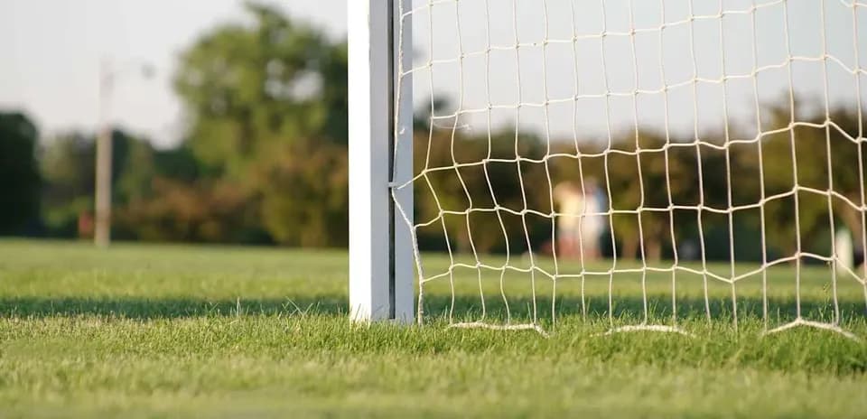 Close-up of soccer goal net on grassy field