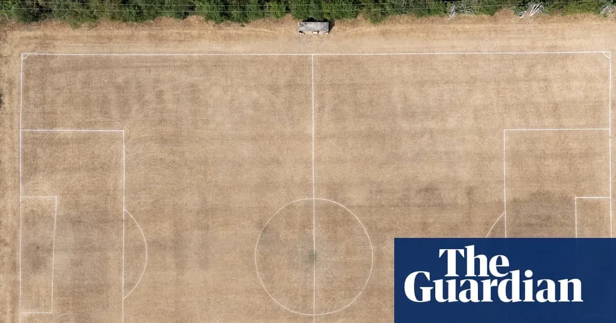 Aerial view of a dry, marked soccer field