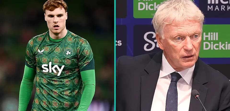 Football player in green kit and manager at press conference