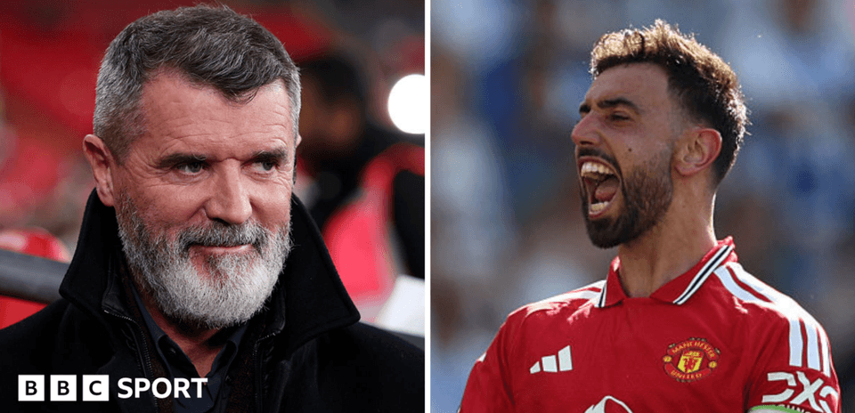Roy Keane and Bruno Fernandes in separate frames