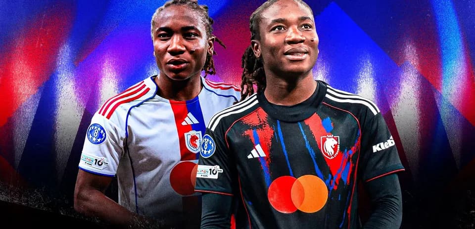 Two football players in team jerseys against colorful background