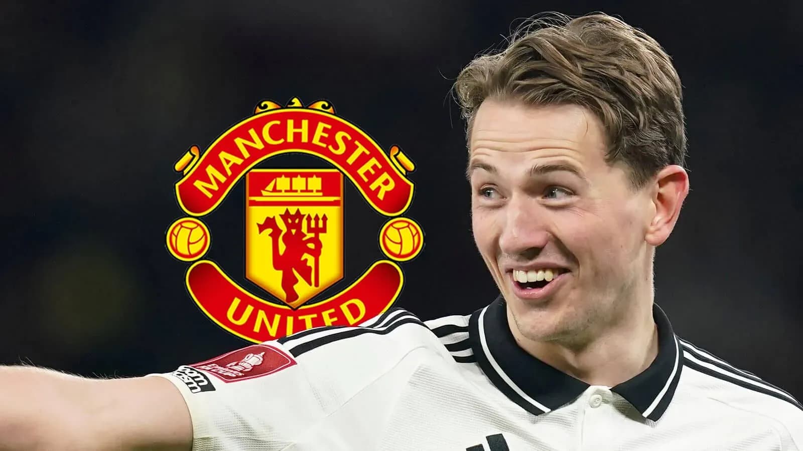 Player celebrating with Manchester United logo in background