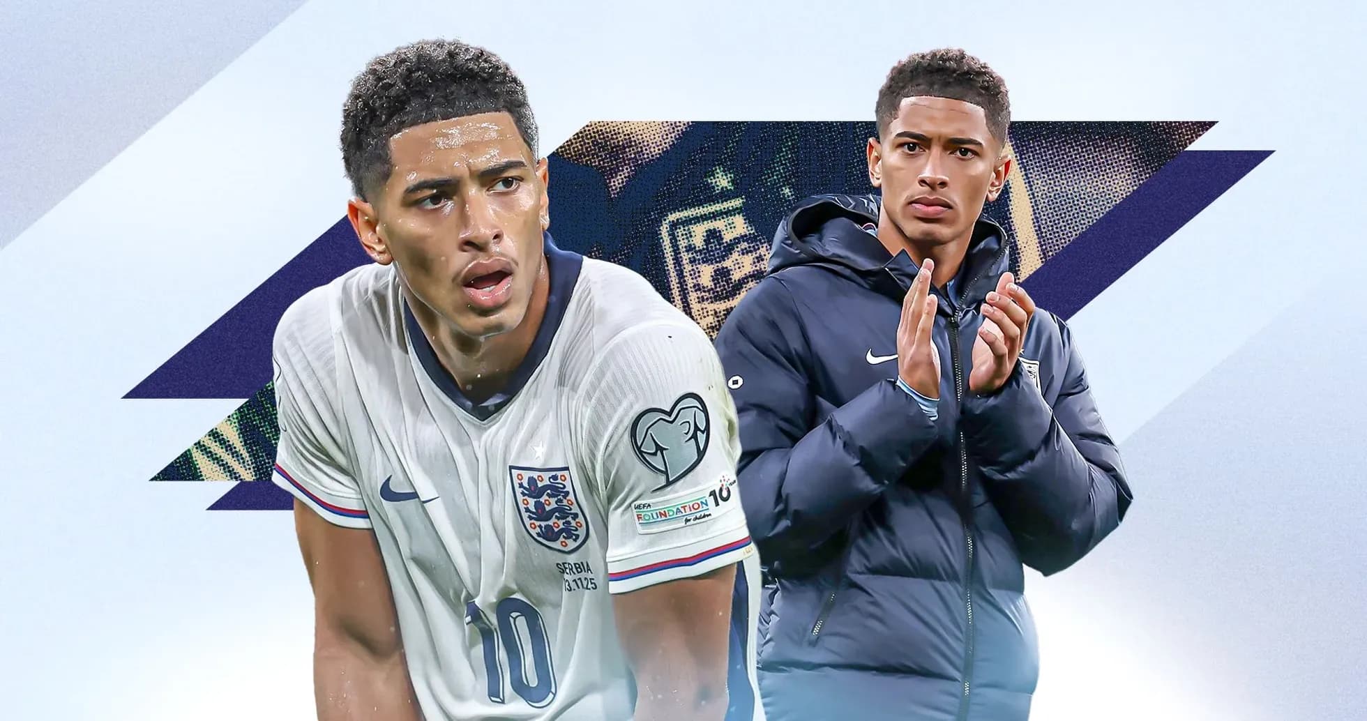 Two players in England kits, one in action