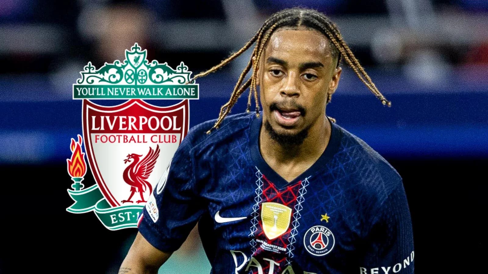 Player in PSG kit with Liverpool logo in background