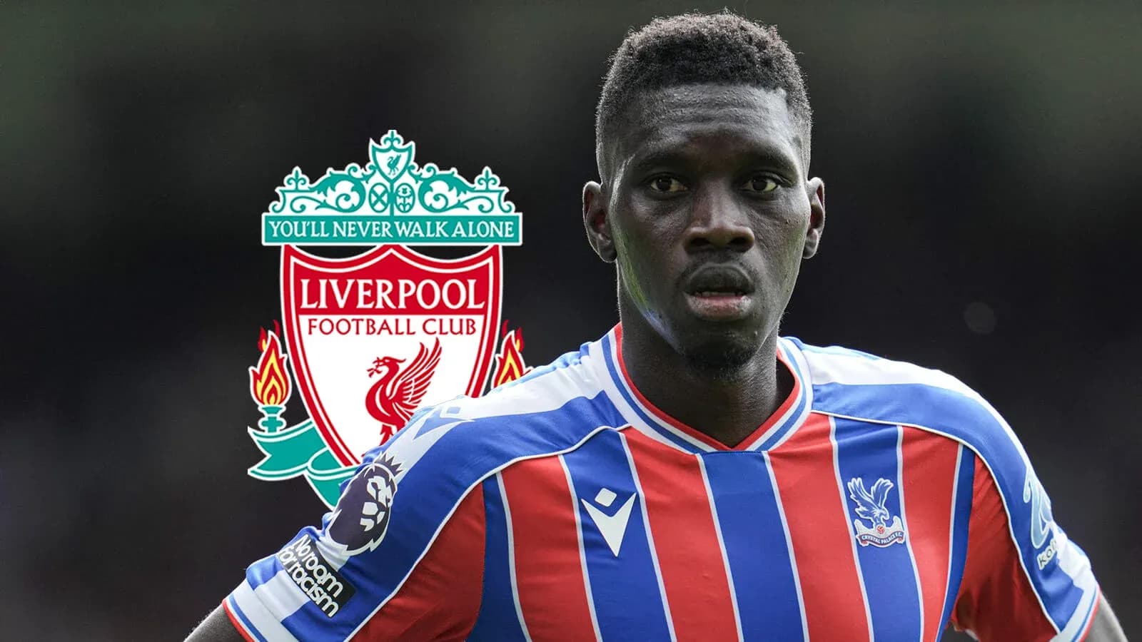 Crystal Palace player with Liverpool logo in background