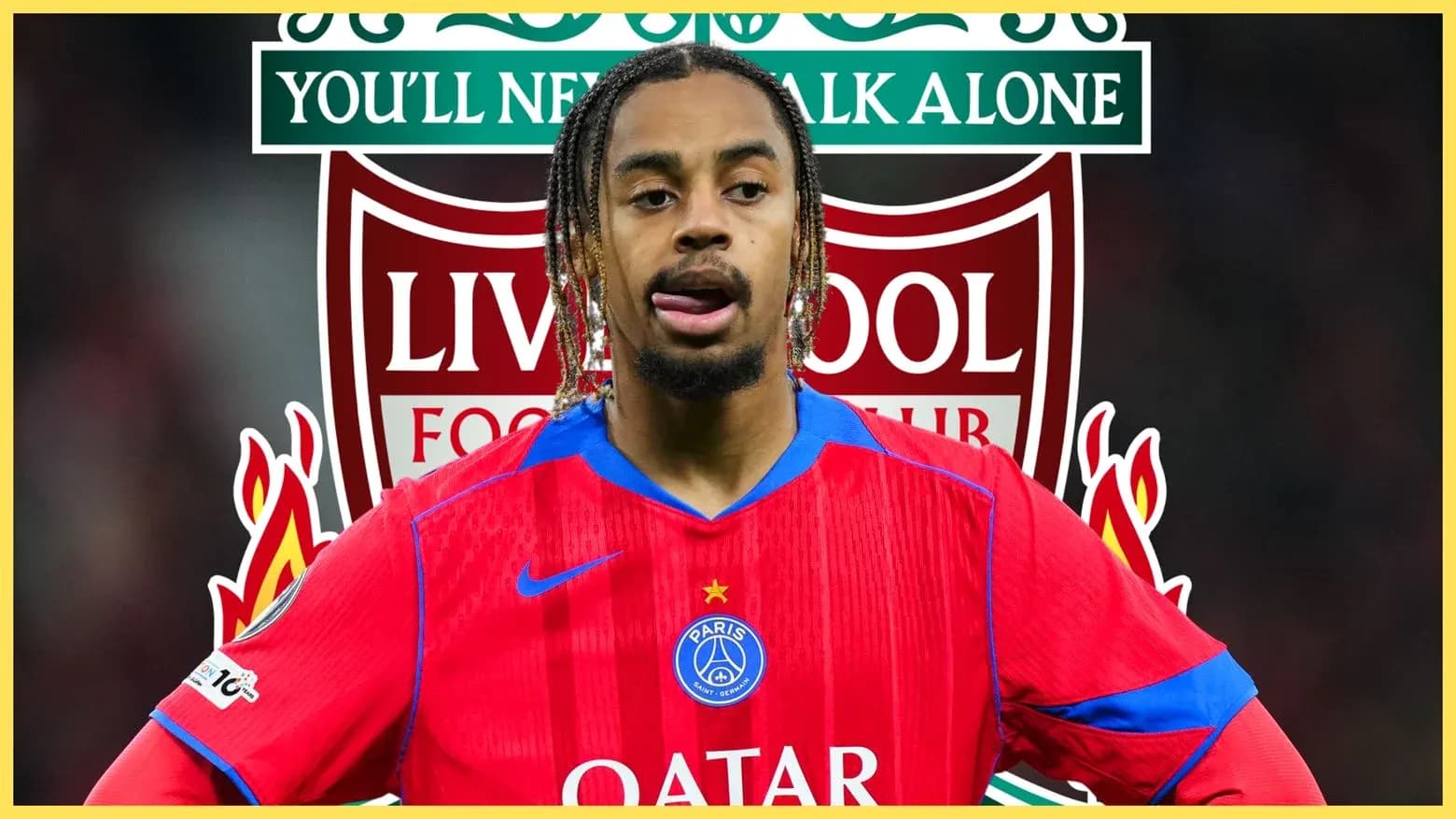 Player in PSG jersey with Liverpool logo background