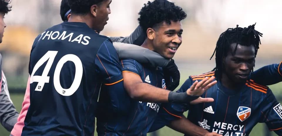 Players celebrating a goal for FC Cincinnati II