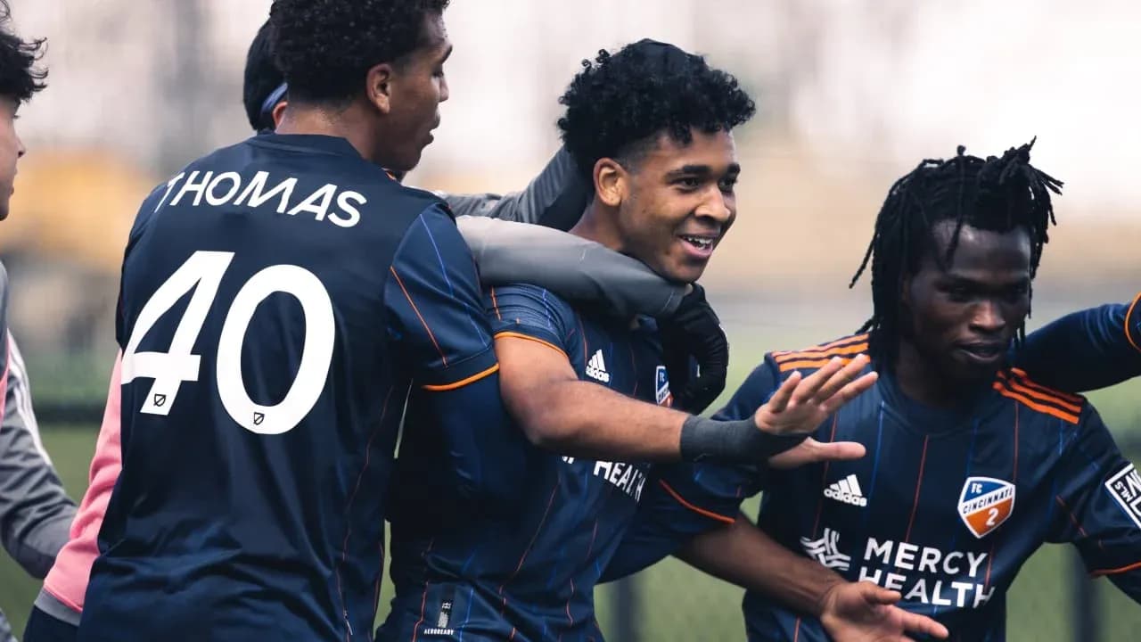 Players celebrating a goal for FC Cincinnati II