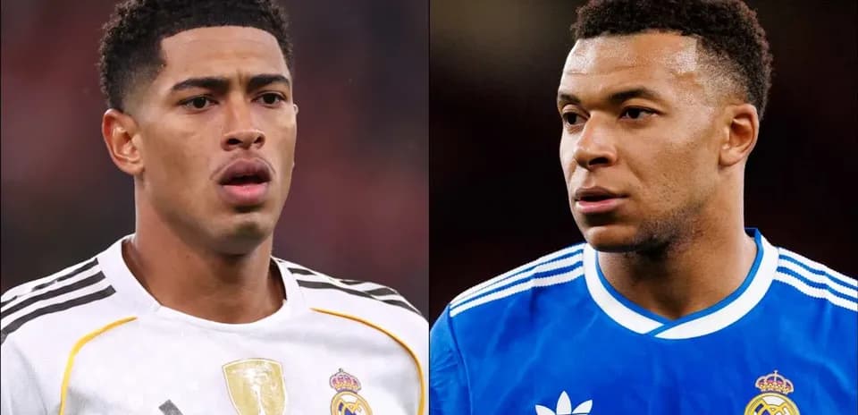 Two soccer players in Real Madrid jerseys
