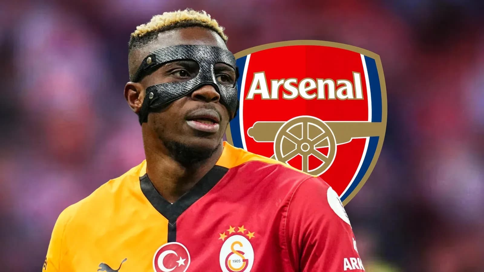 Player wearing mask with Arsenal logo in background