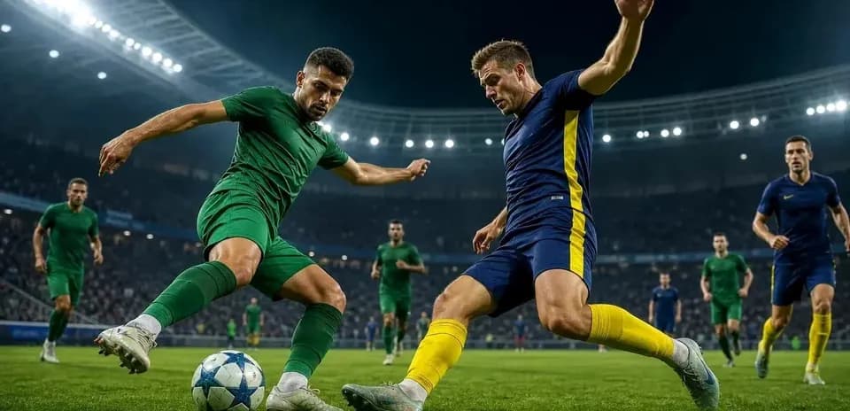 Players contesting for the ball in UEFA match