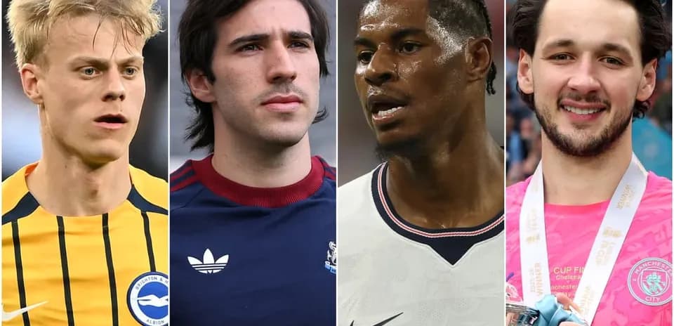 Four football players in various poses and attire