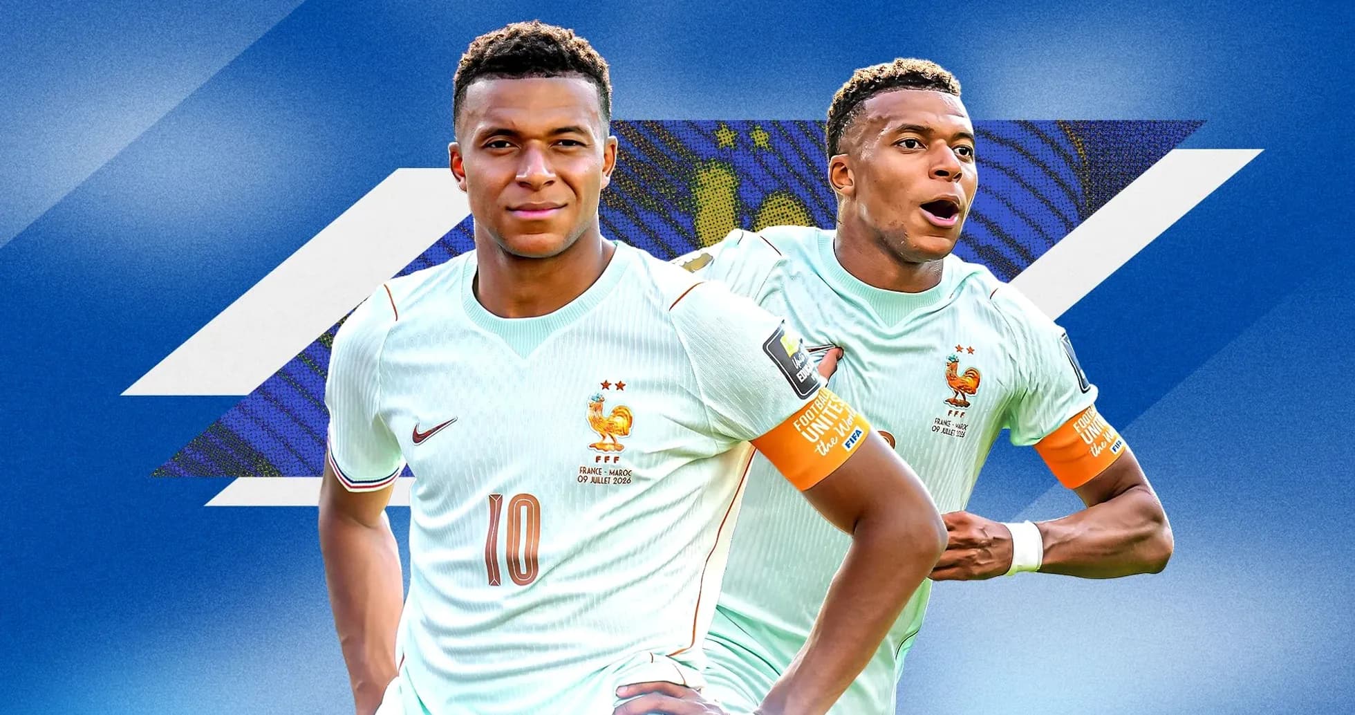 Two players in France kits celebrating a goal
