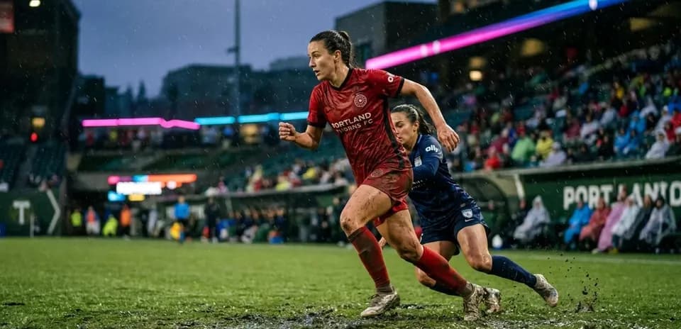 Portland Thorns player running through muddy field
