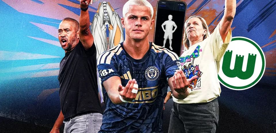 Three individuals celebrating with soccer-related elements