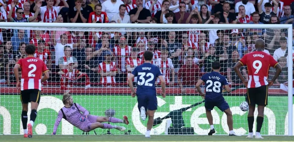 Penalty kick taken with goalkeeper diving to save