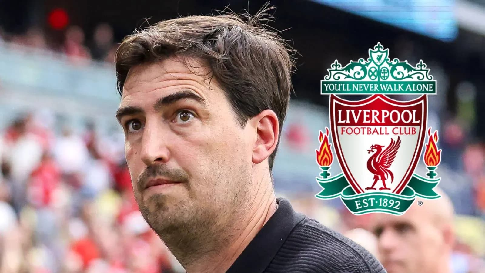 Man observing Liverpool FC logo during event