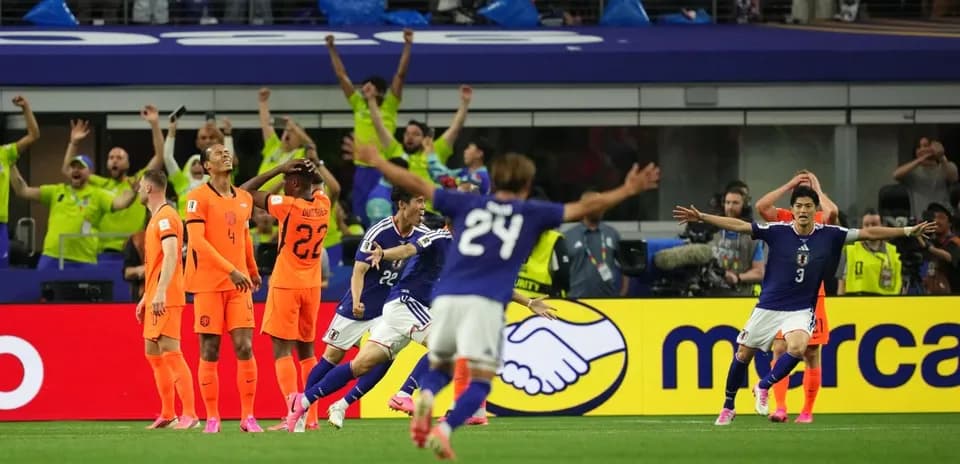 Players celebrating during Netherlands vs Japan match