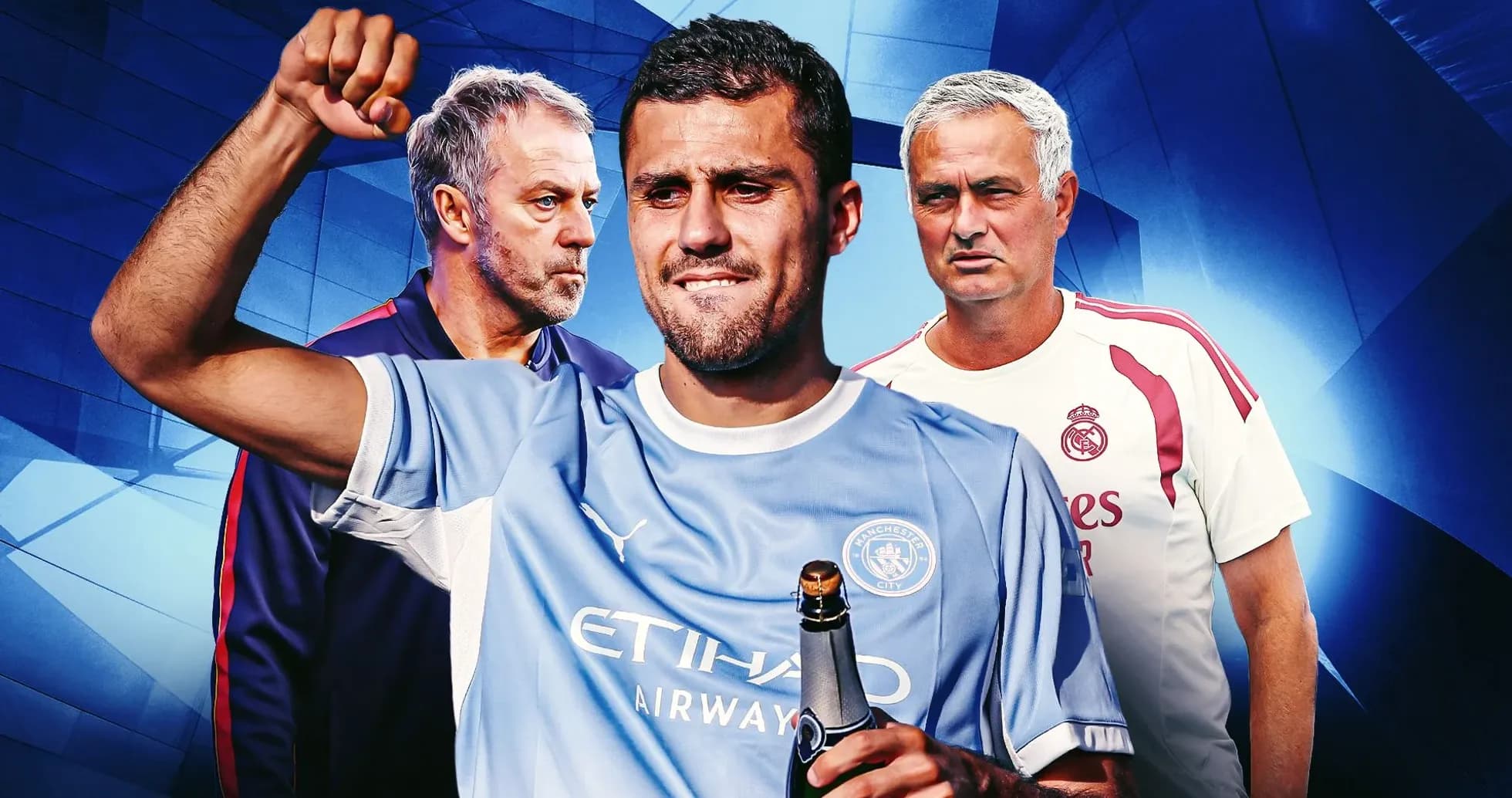 Player celebrating with champagne, coaches in background