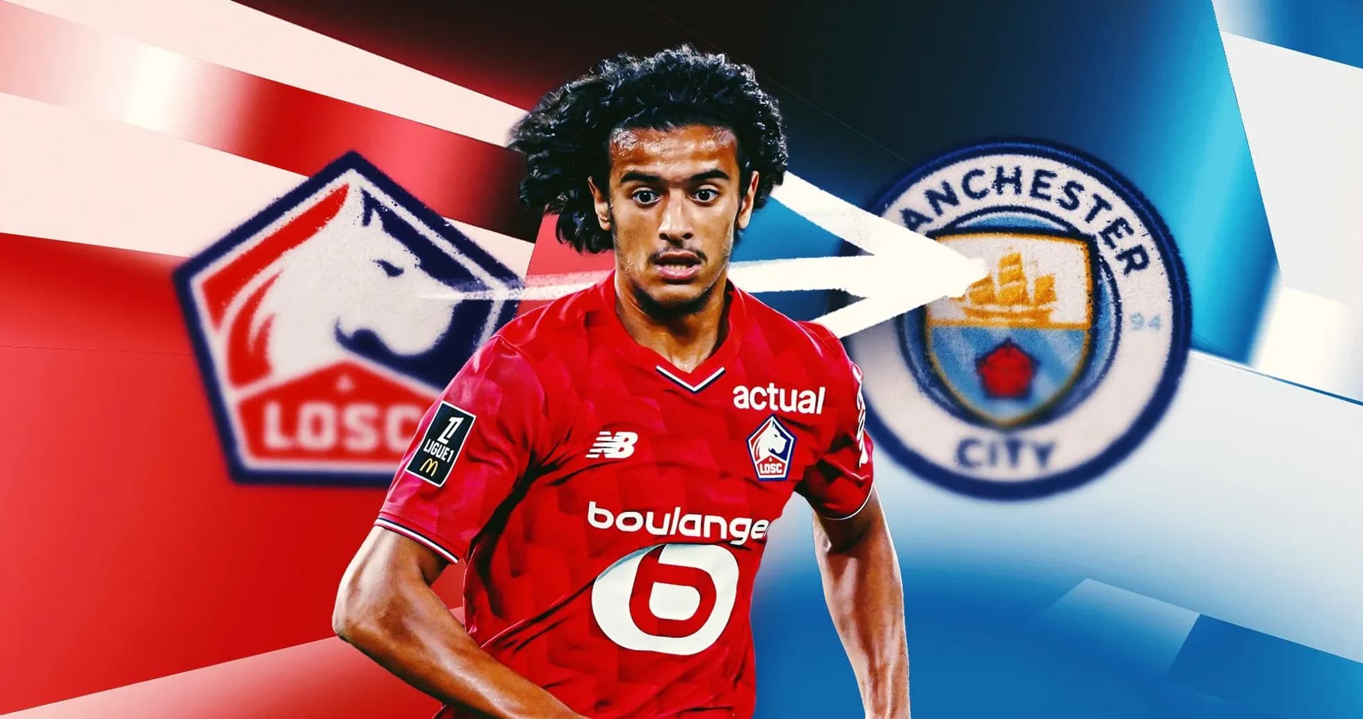 Player in red jersey with LOSC logo, Manchester City logo background
