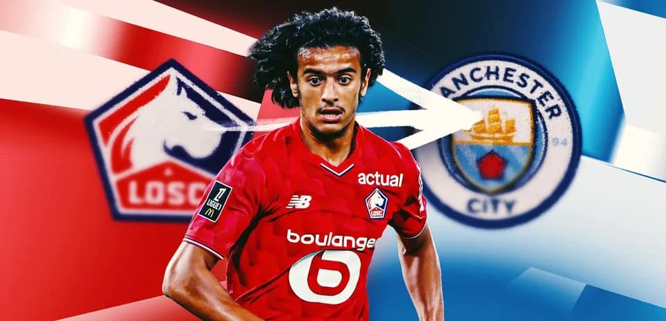 Player in red jersey with LOSC logo, Manchester City logo background