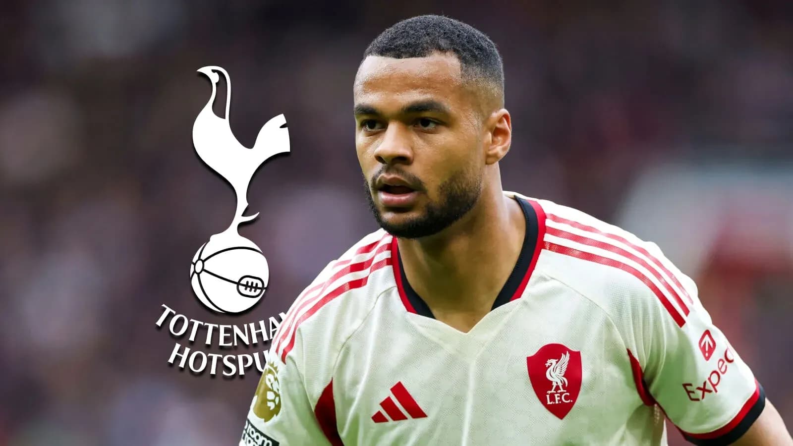 Player in Liverpool kit with Tottenham logo background