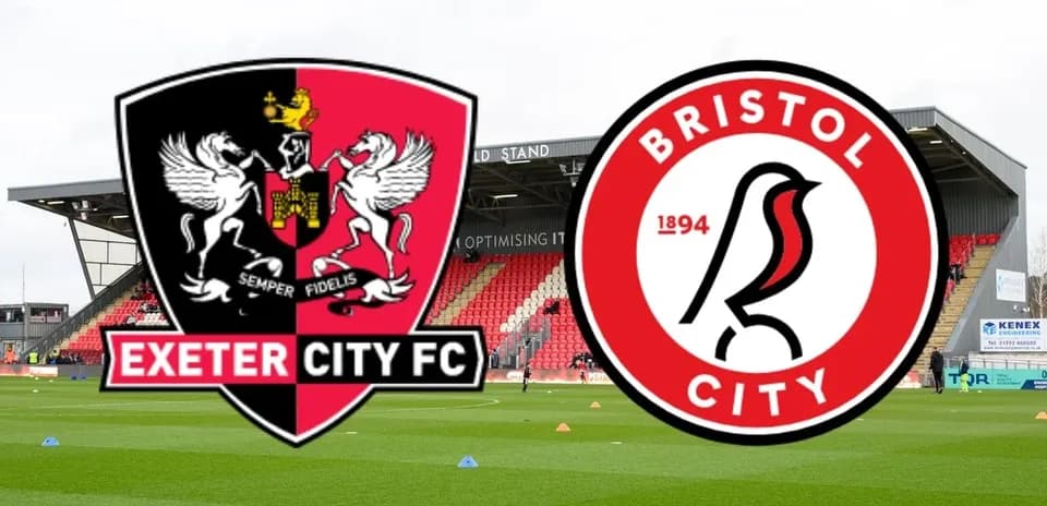 Exeter City and Bristol City logos with stadium background