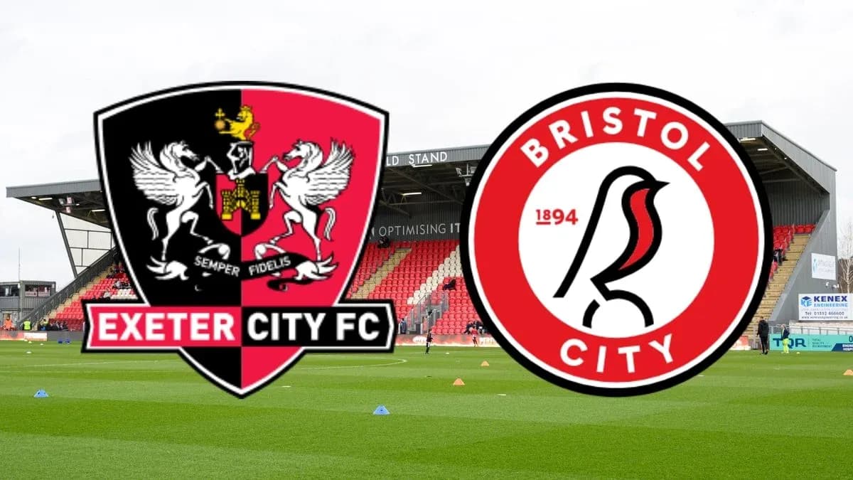 Exeter City and Bristol City logos with stadium background