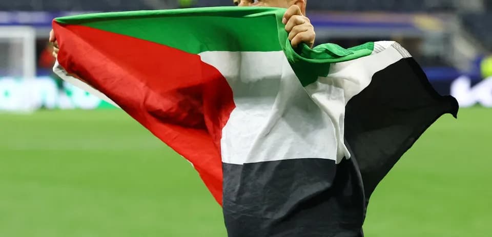 Person holding Palestinian flag on the field