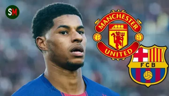 Marcus Rashford with Manchester United and Barcelona logos
