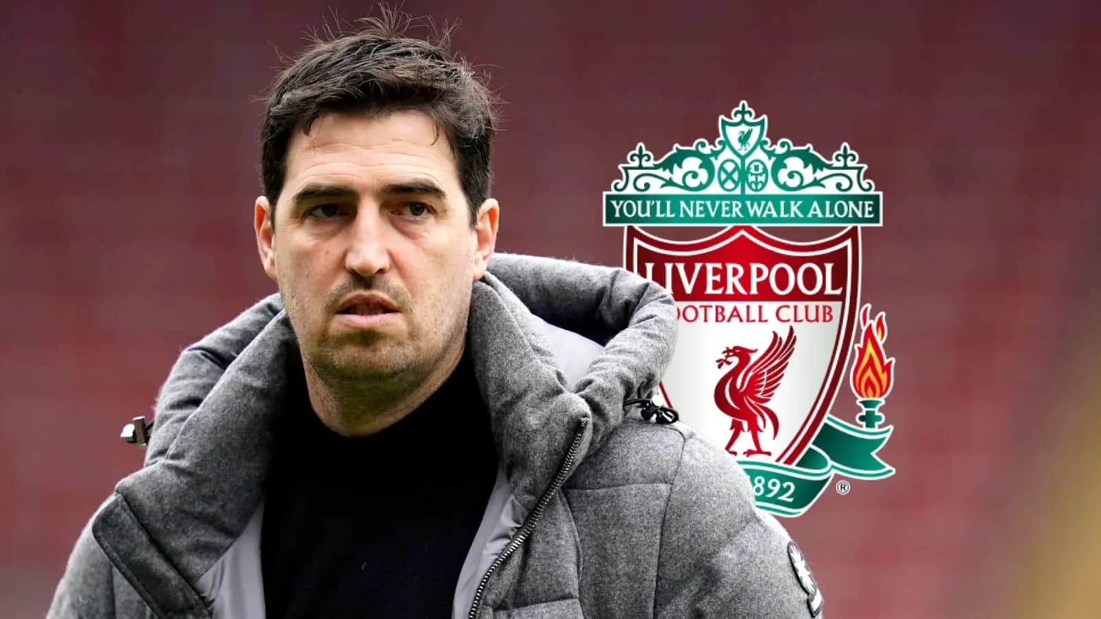 Man in coat with Liverpool FC logo background