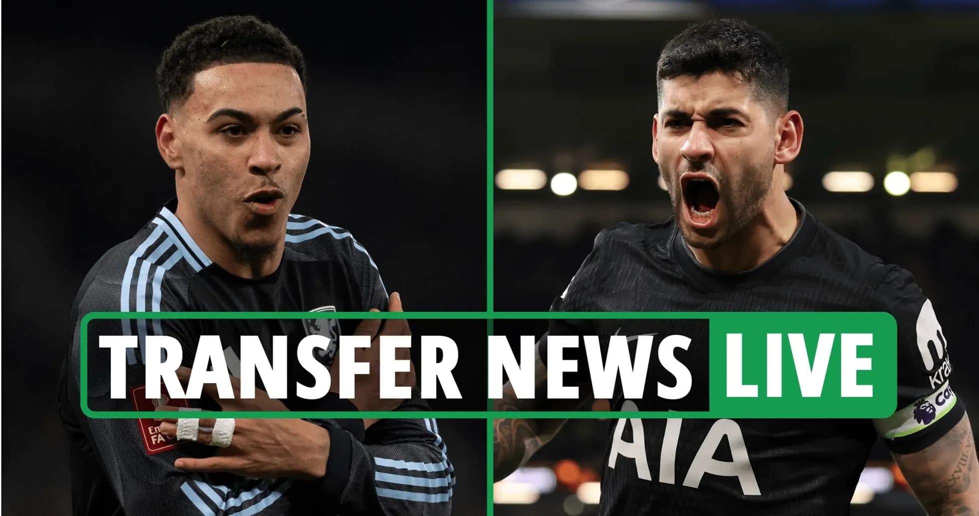Two football players featured with 'TRANSFER NEWS LIVE' banner