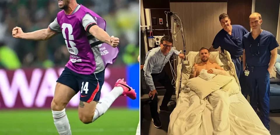 Player celebrating goal during match, then in hospital