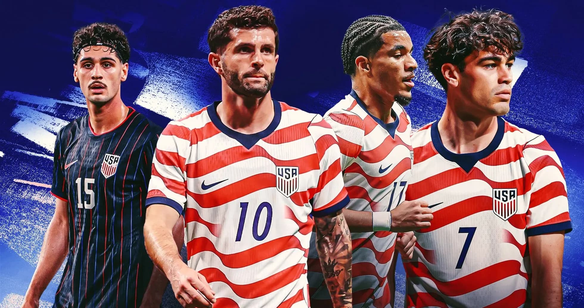 Four soccer players in USA jerseys posing together