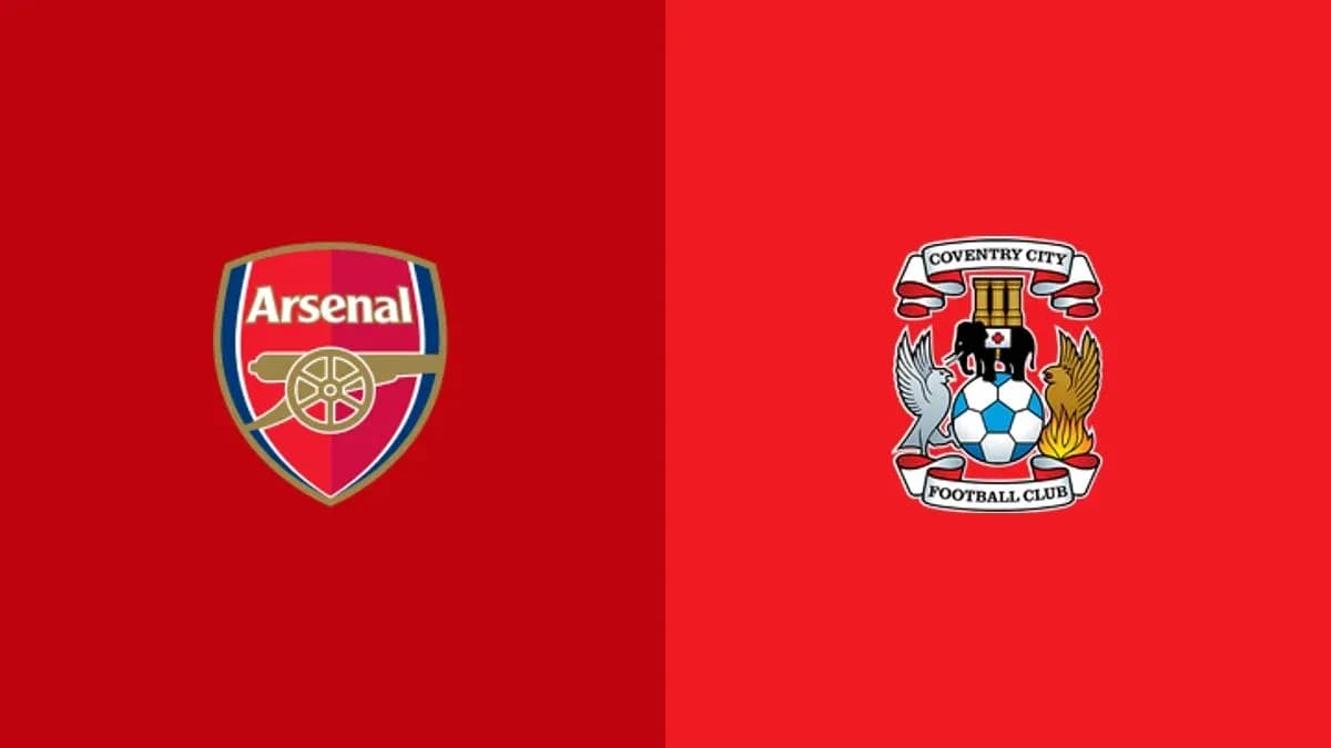 Logos of Arsenal and Coventry City on red background