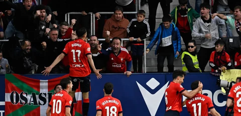 Osasuna players celebrating a goal with fans