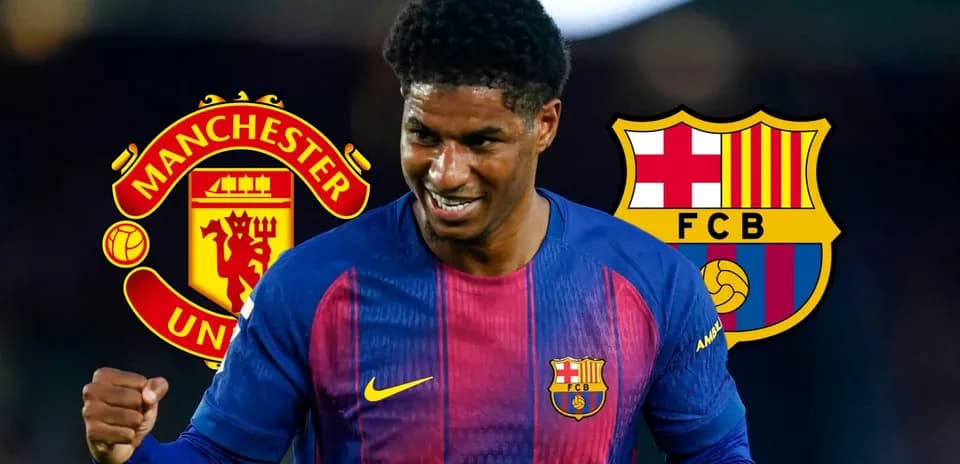 Player celebrating with club logos of Manchester United and Barcelona