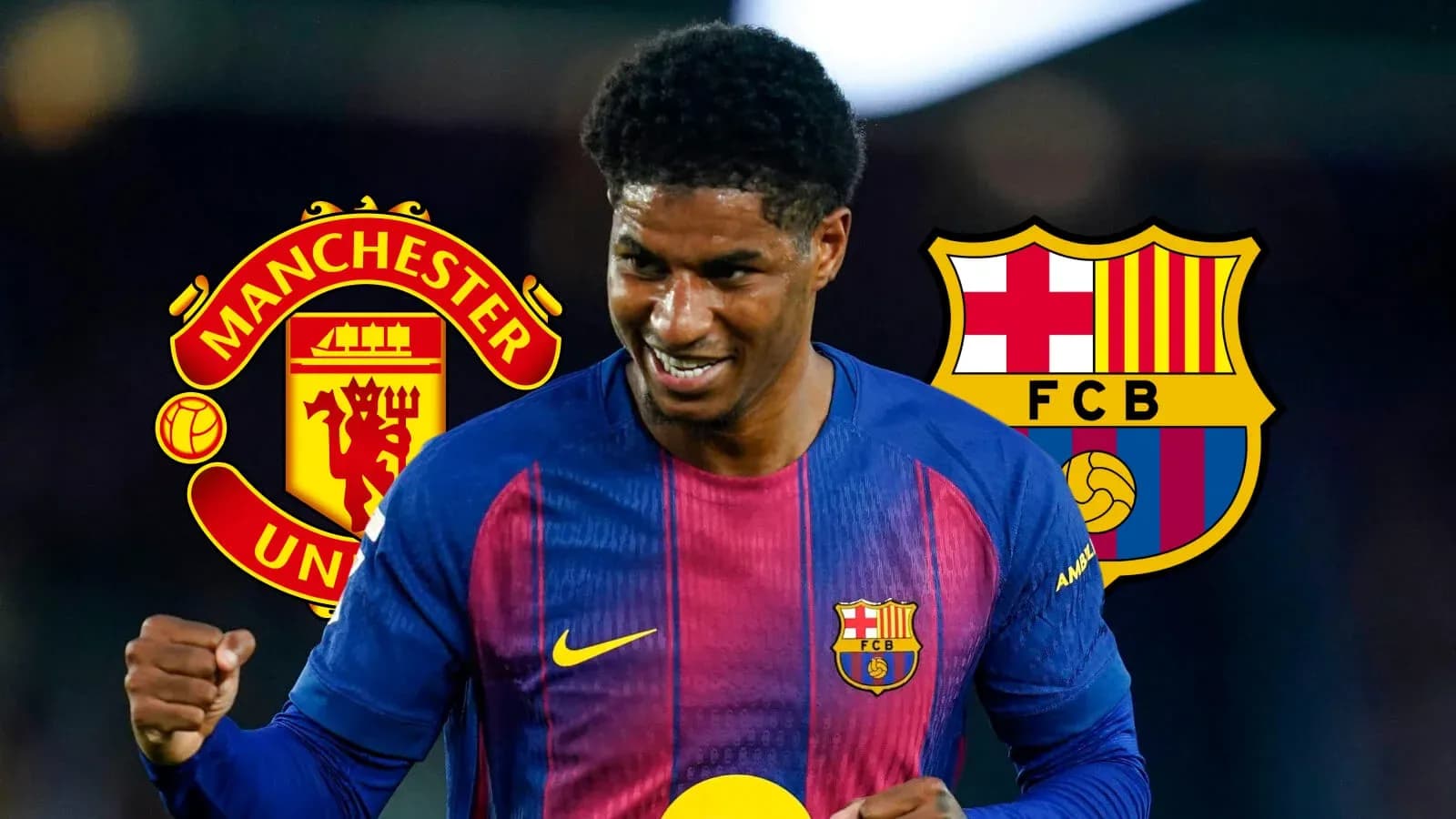 Player celebrating with club logos of Manchester United and Barcelona