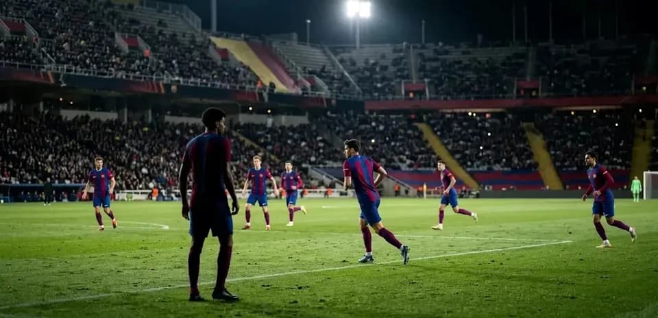 Barcelona players on the pitch during night match