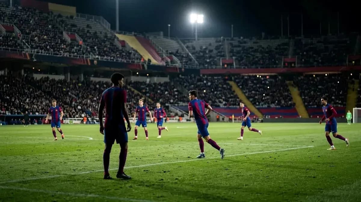 Barcelona players on the pitch during night match